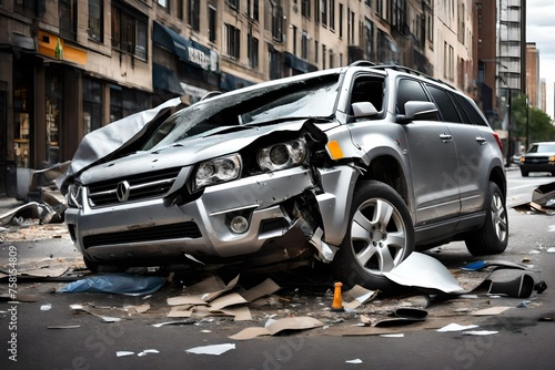 A wrecked SUV with a deployed airbag and shattered windshield, surrounded by debris on a busy city street, showcasing the aftermath of a serious car accident, captured in high definition.