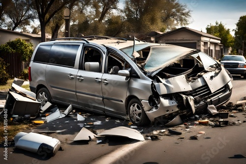 A damaged minivan with deployed airbags and broken windows, surrounded by debris on a suburban street, illustrating the chaotic aftermath of a multi-vehicle collision, captured in high definition.