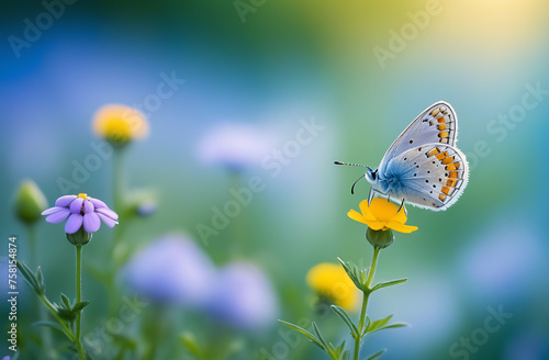 Beautiful wild flowers chamomile, purple wild peas, butterfly in morning haze in nature close-up macro. Landscape wide format, copy space, cool blue tones. Delightful pastoral airy artistic image. © Valentina Zaitseva