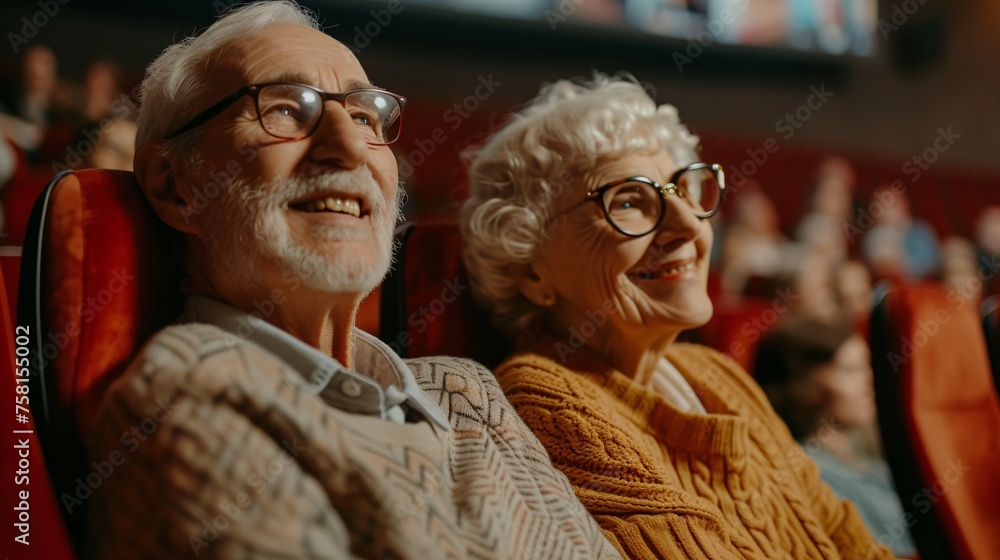 An elderly couple is enjoying a movie date at the cinema, indulging in leisure time together, Portrait of a senior couple An elderly couple is enjoying a movie date at the cinema, indulging in leisure time together, Portrait of a senior couple