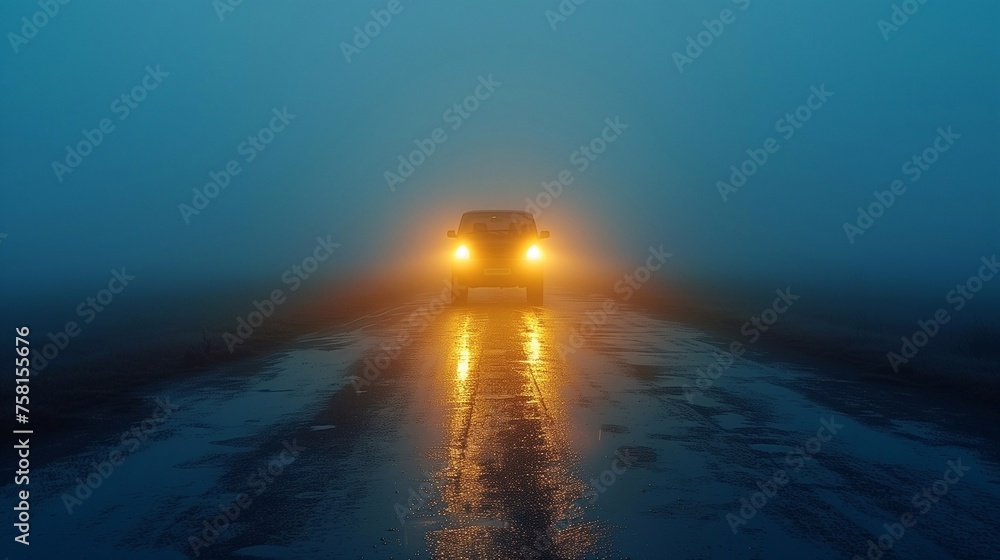 Approaching car with headlights on in night fog Approaching car with headlights on in night fog