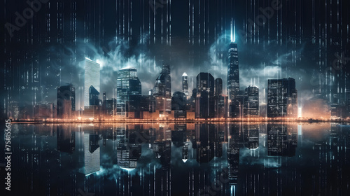 Double exposure of graphic America map hologram on Chicago office buildings background