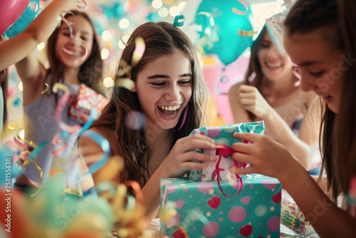 A teenage girl opening presents with excitement on her birthday, colorful gift wrappers strewn around, her friends cheering her on