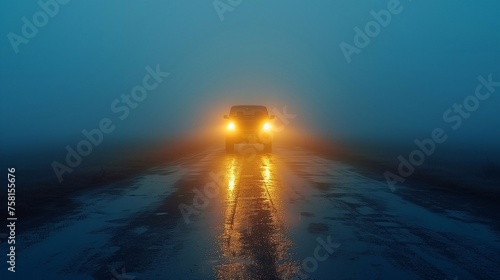 Approaching car with headlights on in night fog © Nataliia