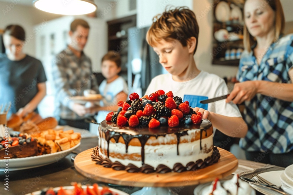 A teenage boy cutting into a decadent birthday cake topped with chocolate ganache and fresh berries, his family gathered around the table with smiles of anticipation