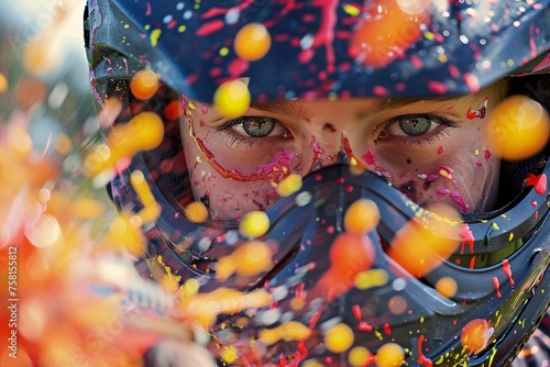 A teenage boy celebrating his birthday with a paintball battle against his friends, the colorful splatters of paint adding an extra element of excitement to the day's festivities photo