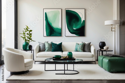 Moderne weiße Wohnzimmergestaltung mit grünen Farbakzenten und Naturmaterialien, mit einem Sessel als Solitär