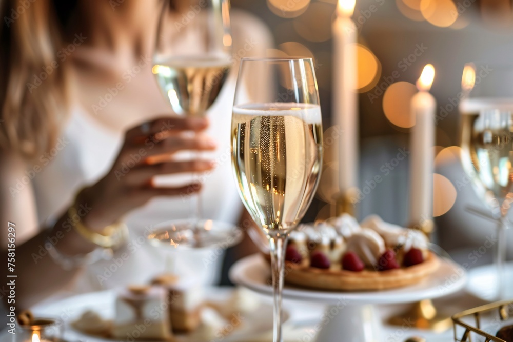 An upscale birthday party for a discerning adult, with sumptuous decorations and gourmet delights, represented in close-up by a champagne flute