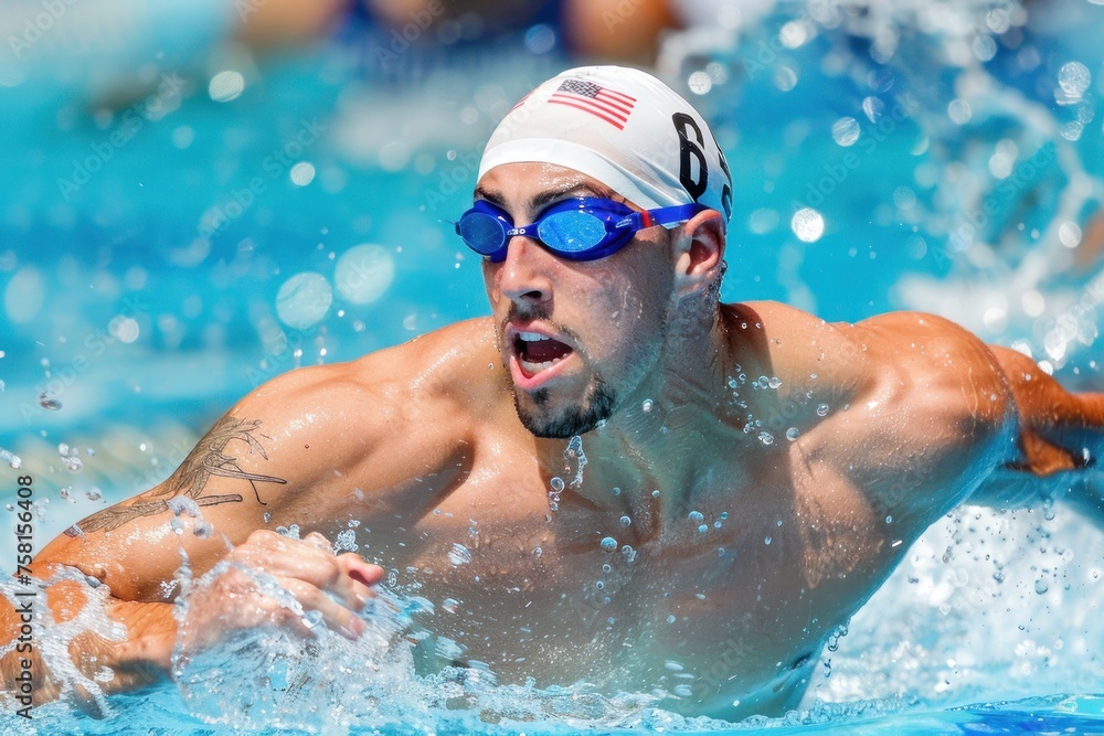 Competitive men's swimmer racing in a pool