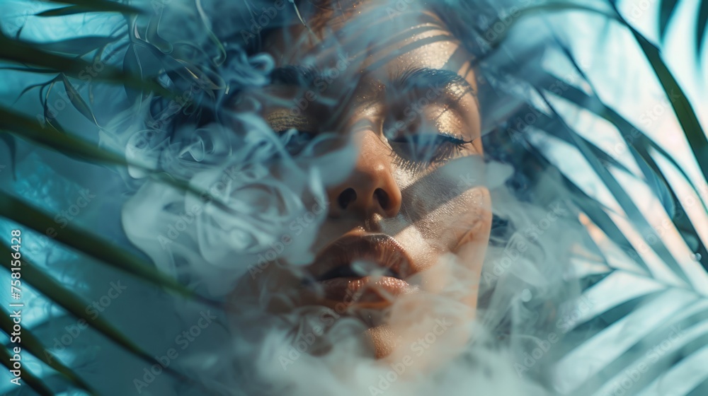 A woman up close in smoke, a summer concept.