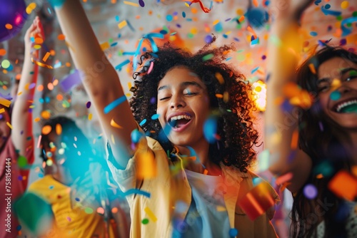 A group of diverse teenagers dancing and celebrating at a birthday party in a brightly decorated room filled with confetti and streamers photo