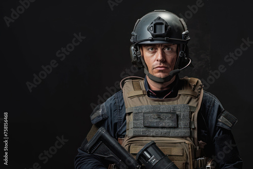 male journalist in a bulletproof vest and helmet photo