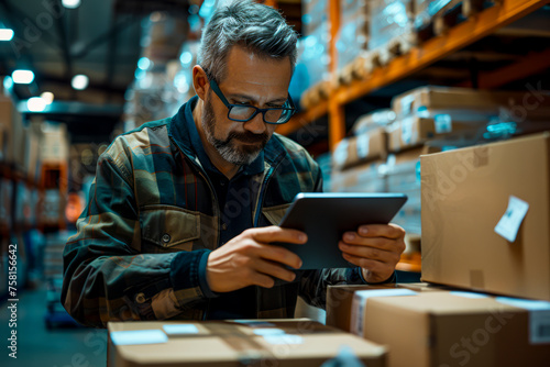 Warehouse Manager Utilizing Tablet for Inventory Management and Shipping Preparations
