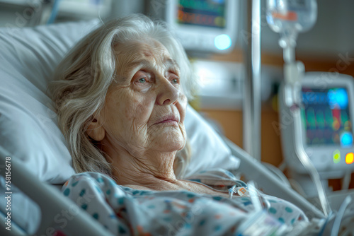 Middle aged woman on life support in hospital room surrounded by medical equipment and monitors photo