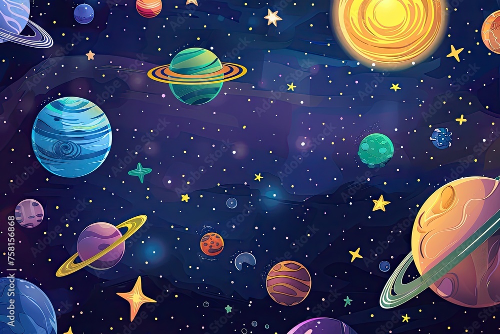 A spacethemed background with cartoonstyle planets and stars