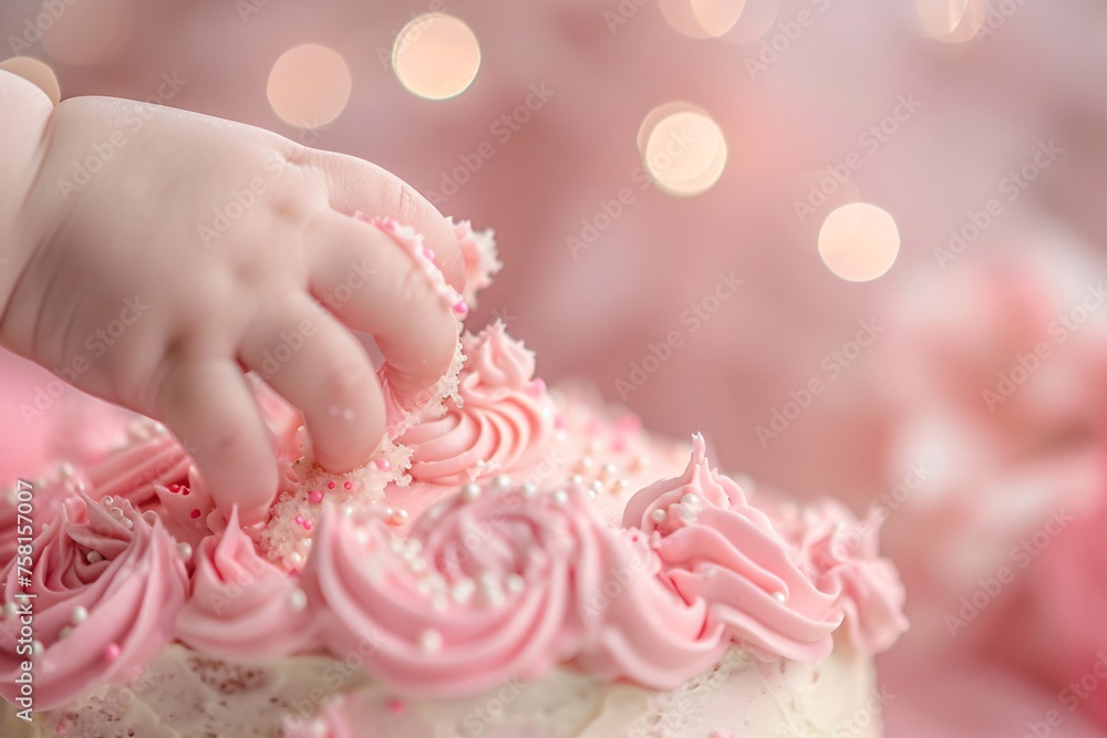 Detailed shot focusing on the tiny fingers of a baby girl as she reaches out to touch her first birthday cake, decorated with pink frosting and sprinkles Detailed shot focusing on the tiny fingers of a baby girl as she reaches out to touch her first birthday cake, decorated with pink frosting and sprinkles