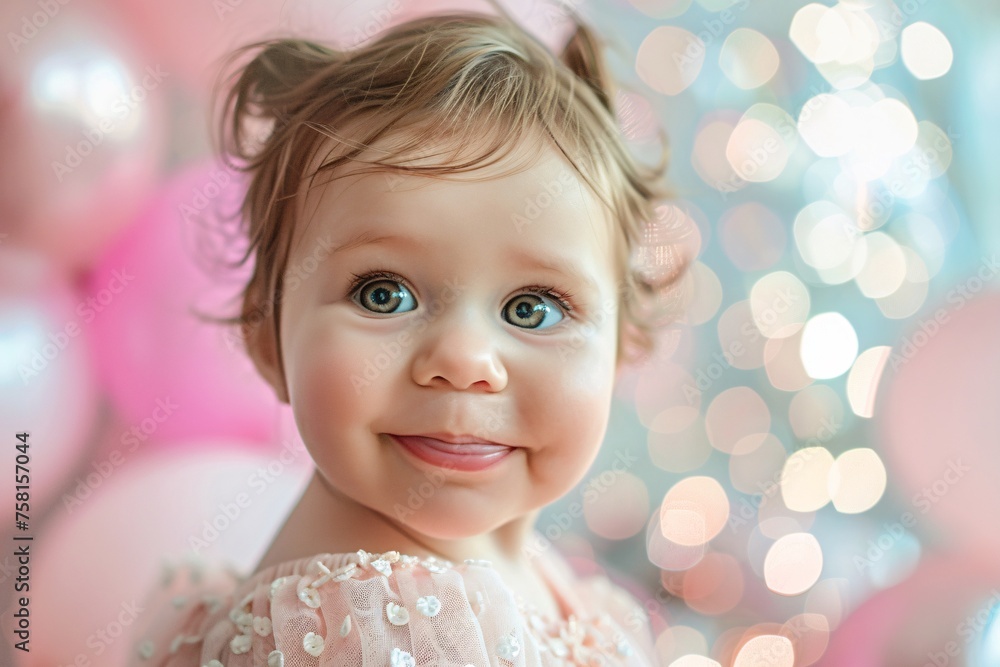 Detailed shot focusing on the happy smile and twinkling eyes of a baby girl as she blows kisses to her loving family members and friends during her first birthday celebration Detailed shot focusing on the happy smile and twinkling eyes of a baby girl as she blows kisses to her loving family members and friends during her first birthday celebration