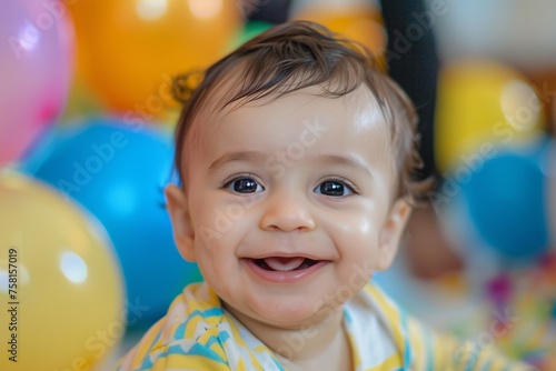 A detailed shot focusing on the sweet smile and twinkling eyes of a baby boy as they enjoy their first birthday celebration