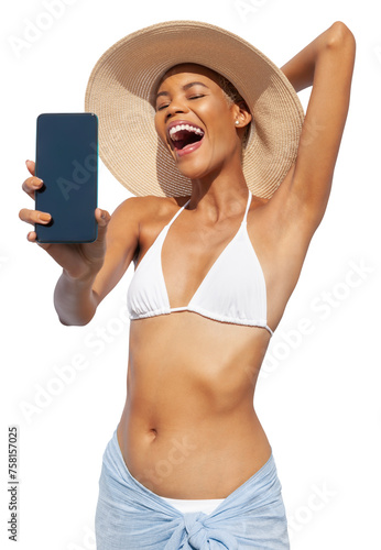 Summer beach holiday a woman showing screen of mobile phone she's wearing a bikini and sun hat, isolated on a white background. Concept for online shopping or sea vacation travel resort bookings