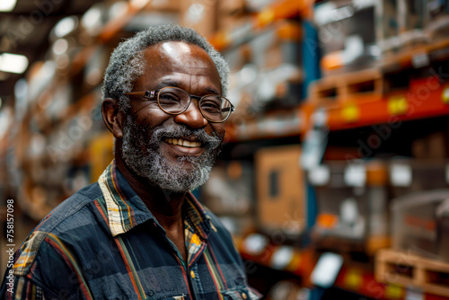 Joyful African Man Selecting Tools in Hardware Warehouse