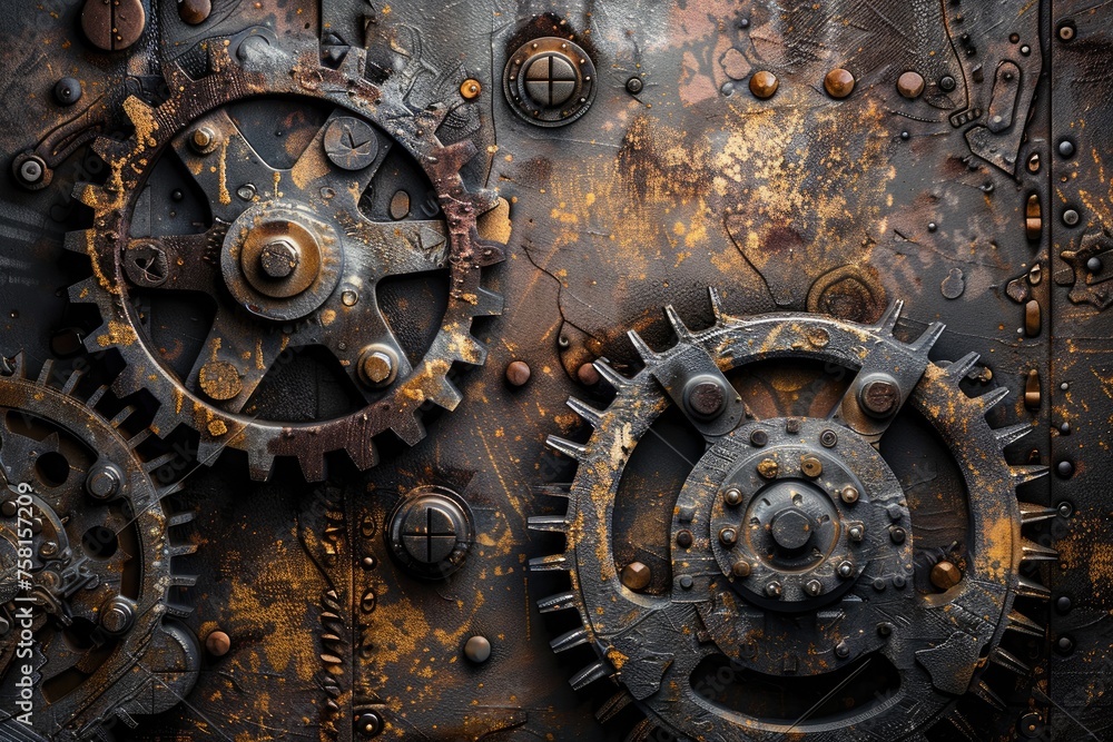An industrial background with metal textures and mechanical gears An industrial background with metal textures and mechanical gears