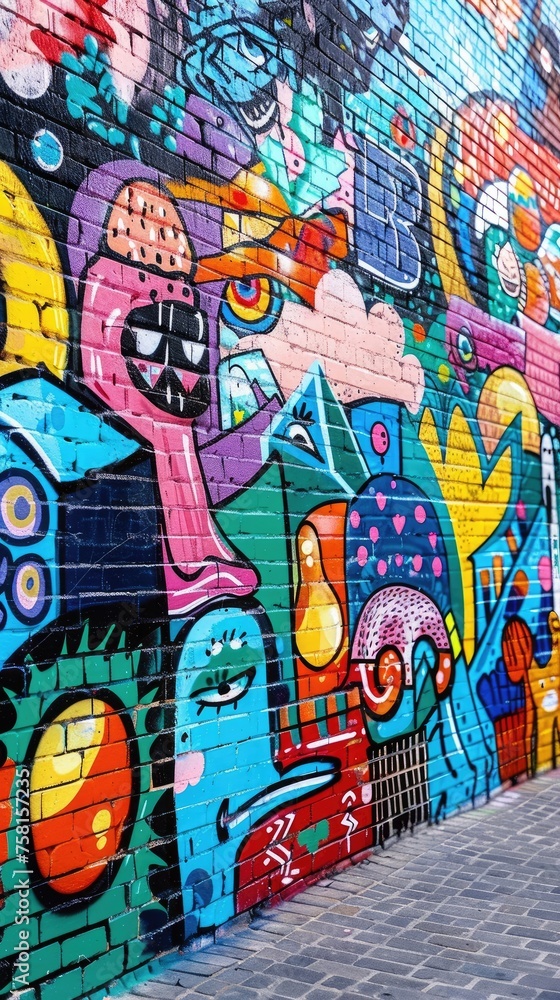 An urban graffiti wall with vibrant colors and expressive street art