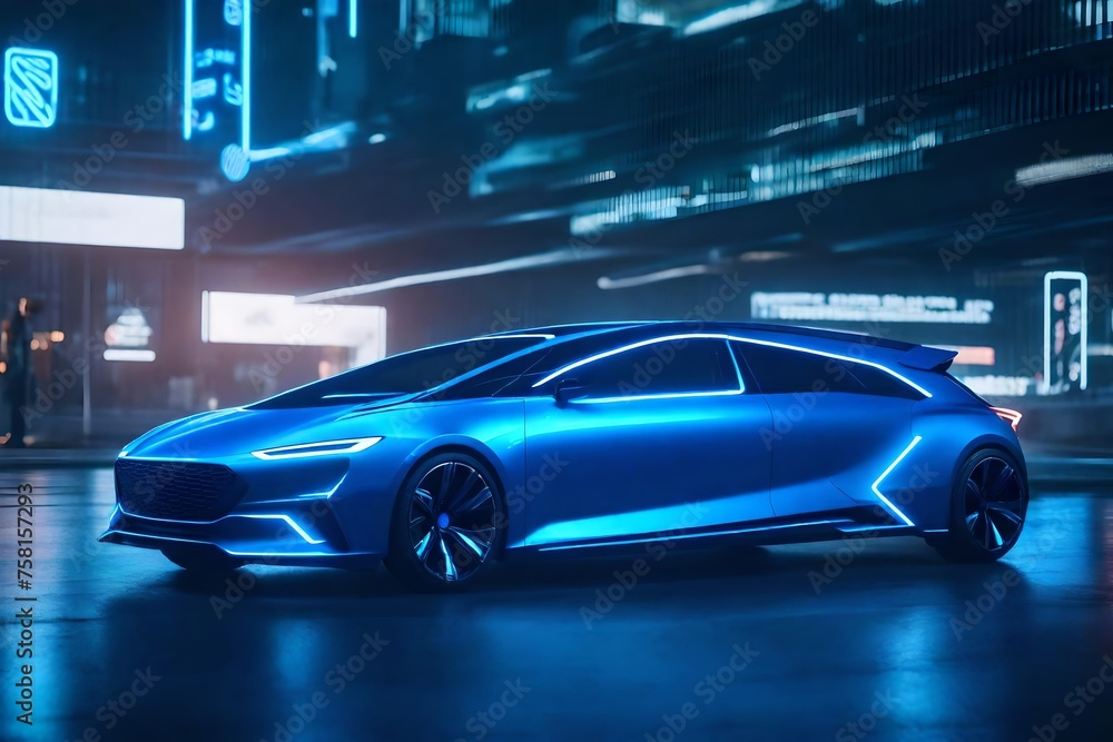 A futuristic electric blue hatchback, standing out with its sleek lines and innovative technology, ready to hit the road with style.