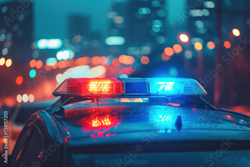 Blue and red light flasher atop of a police car. City lights on the background photo