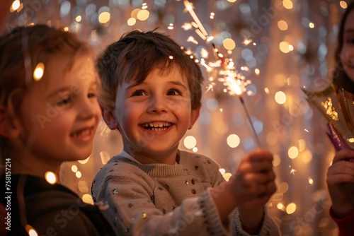 Delighted little boy, surrounded by his friends, as shimmering sparks fly in a magical atmosphere