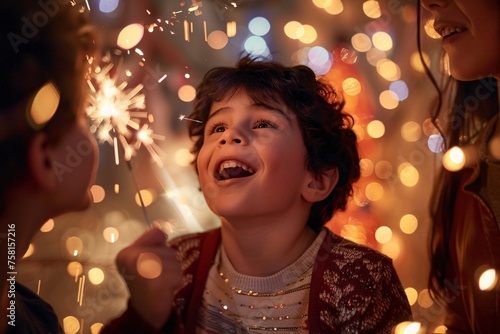 A delighted little boy, surrounded by his friends, as shimmering sparks fly in a magical atmosphere