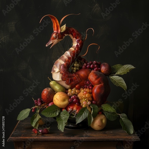 An elegant fruit sculpture resembling a mythical creature set against a dark photo