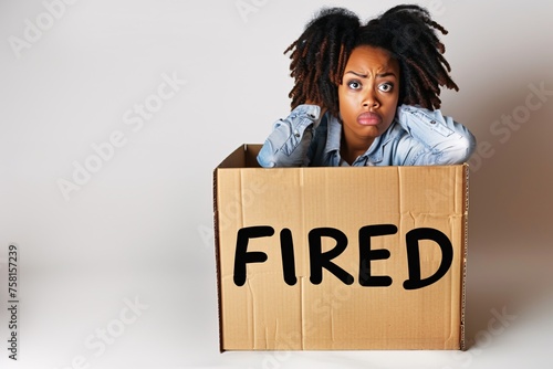 A dejected black woman in a cardboard box filled with personal belongings, labeled "FIRED" in bold black marker © Maelgoa