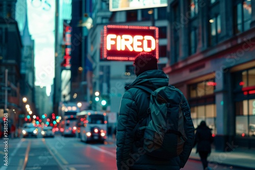 A dejected employee walking down a city street, with the word "FIRED" illuminated in neon lights on a billboard in the background