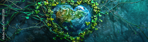 A heart made of leaves and vines is surrounded by a blue background. The heart is the center of the image and the vines and leaves are surrounding it. Concept of growth and life