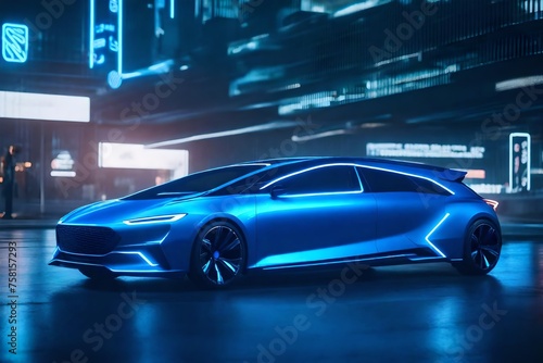 A futuristic electric blue hatchback, standing out with its sleek lines and innovative technology, ready to hit the road with style. © Vabh