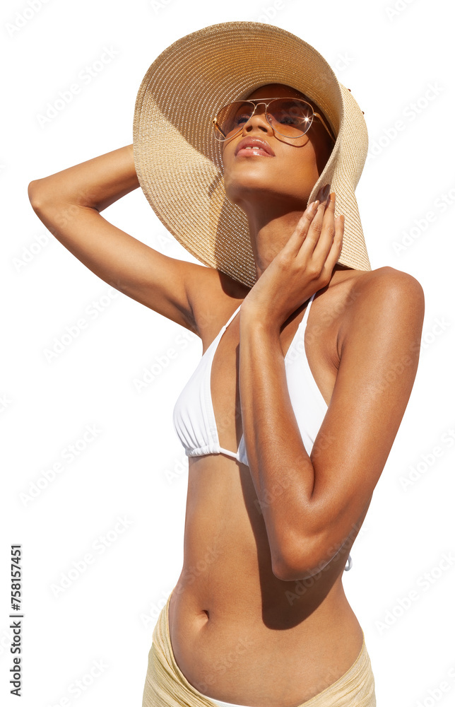 Fashion girl wearing a sun hat, sunglasses and bikini, African latin American woman isolated on white background. Concept of a seaside holiday or shopping for a summer beach holiday - obrazy, fototapety, plakaty 