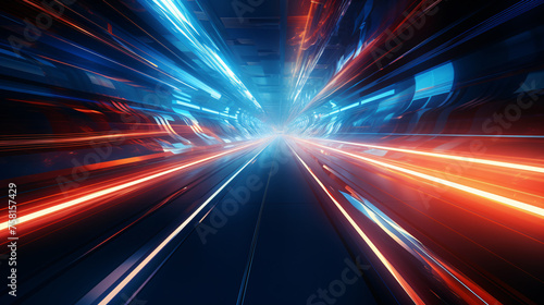 A long, bright blue and orange highway with a lot of lights. The lights are moving and creating a sense of motion