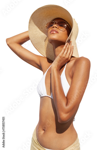 Fashion girl wearing a sun hat, sunglasses and bikini, African latin American woman isolated on white background. Concept of a seaside holiday or shopping for a summer beach holiday