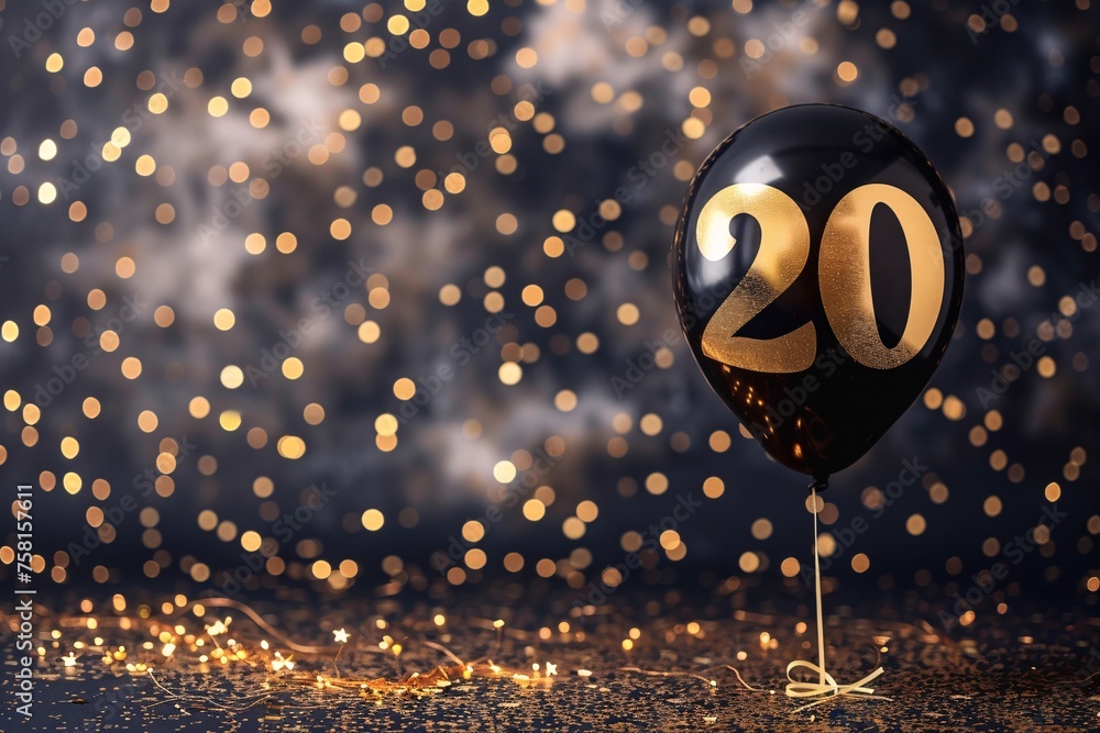 A classic birthday balloon in glossy black, adorned with the number "20" in elegant gold script, set against a background of twinkling stars - obrazy, fototapety, plakaty 