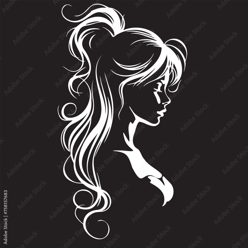 Black and white drawing of a girl with long hair