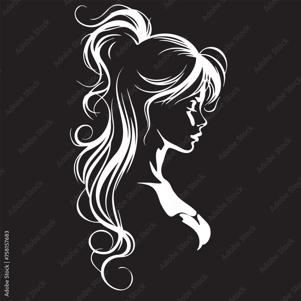 Black and white drawing of a girl with long hair Black and white drawing of a girl with long hair