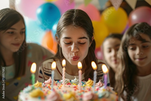 A cheerful teenage girl blowing out candles on her birthday cake surrounded by her friends and family, with colorful balloons in the background