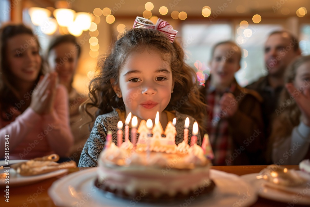 A beaming young girl, with curly brown hair tied in ribbons, blowing out candles on a birthday cake