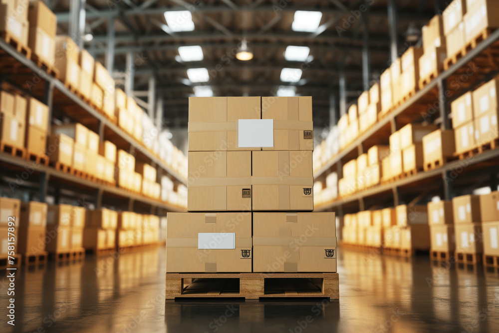 Concept of delivery with boxes on pallet in warehouse Concept of delivery with boxes on pallet in warehouse