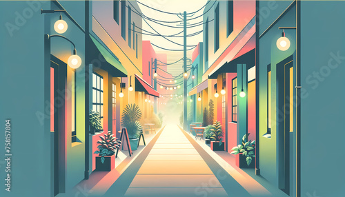 Colorful Alleyway with Festive Lights at Dusk Illustration © Agustin A