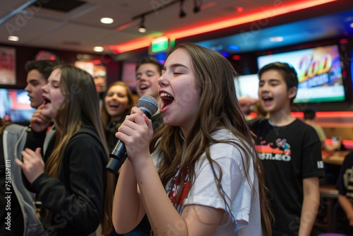 A birthday karaoke party  with teenagers belting out their favorite tunes and dancing the night away 