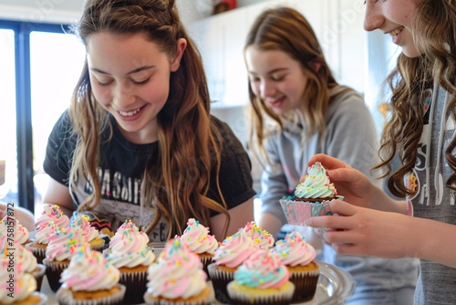 A DIY birthday party at home, with teenagers decorating cupcakes and crafting personalized party favors while sharing stories and making memories together photo