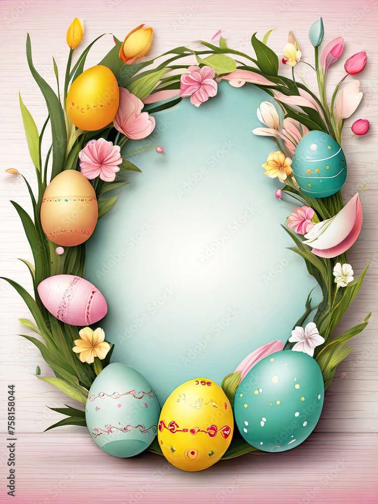 Easter invitation card with Multicolored Easter eggs and spring flowers with frame with space for text. Easter background. 