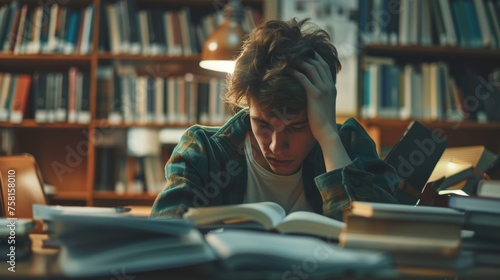 student man have anxiety because of exams, male prepare for test and learning lessons in the library. stress, despair, haste, misunderstanding reading, discouraged, expectation, knowledge, tired photo