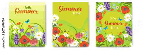 Abstract minimal summer poster, cover, card set with wildflowers and typography design. Summer holidays, journey, wallpapers, banners, flyers, invitations, posters